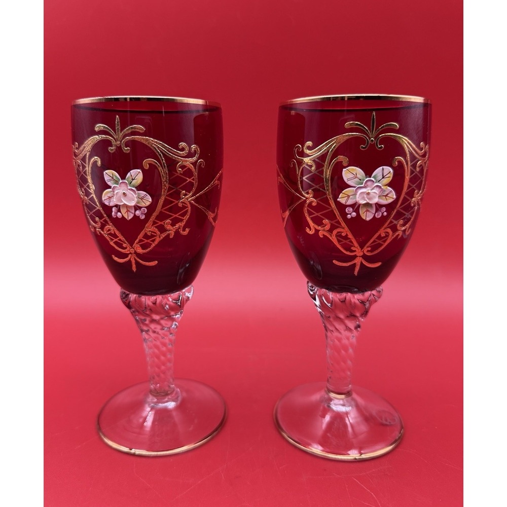 2 Vintage Venetian Murano Glass Wine Goblets 24k Gold Leaf Hand Painted